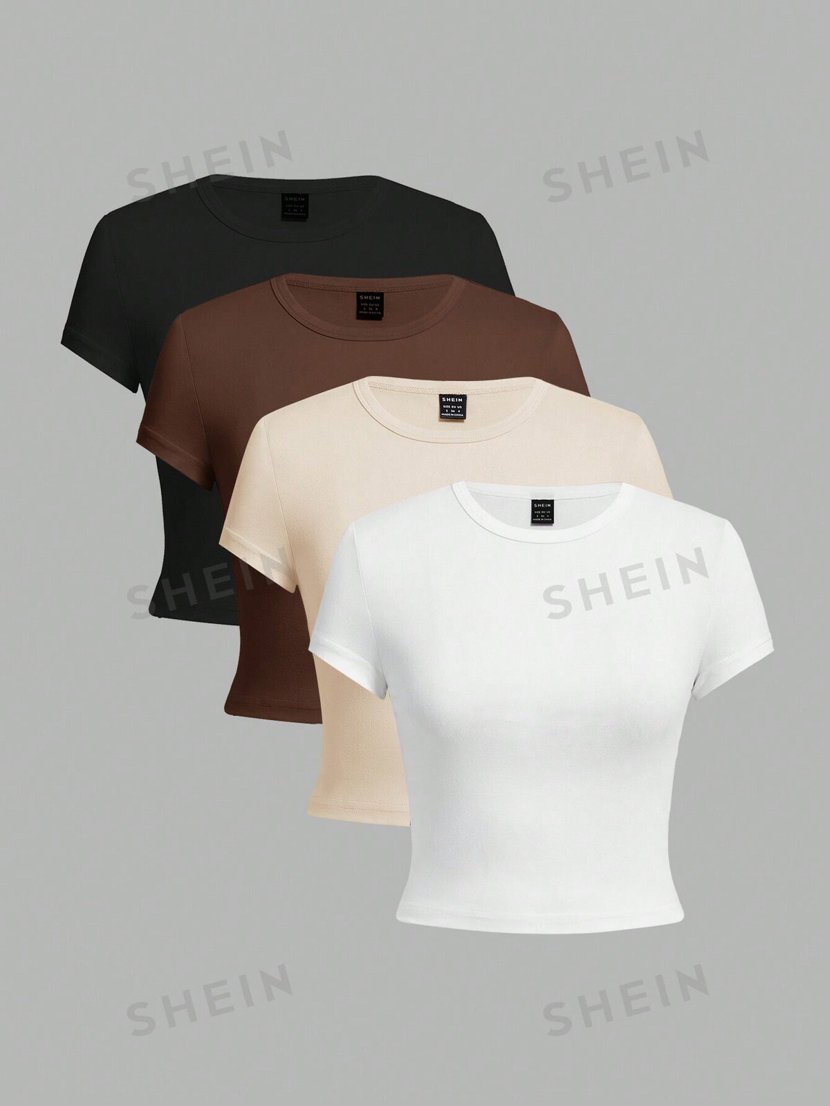 SHEIN EZwear 4pcs Set Of Simple Pattern Round Neck Short Sleeve Women's Cropped Tight T-Shirt, Casual