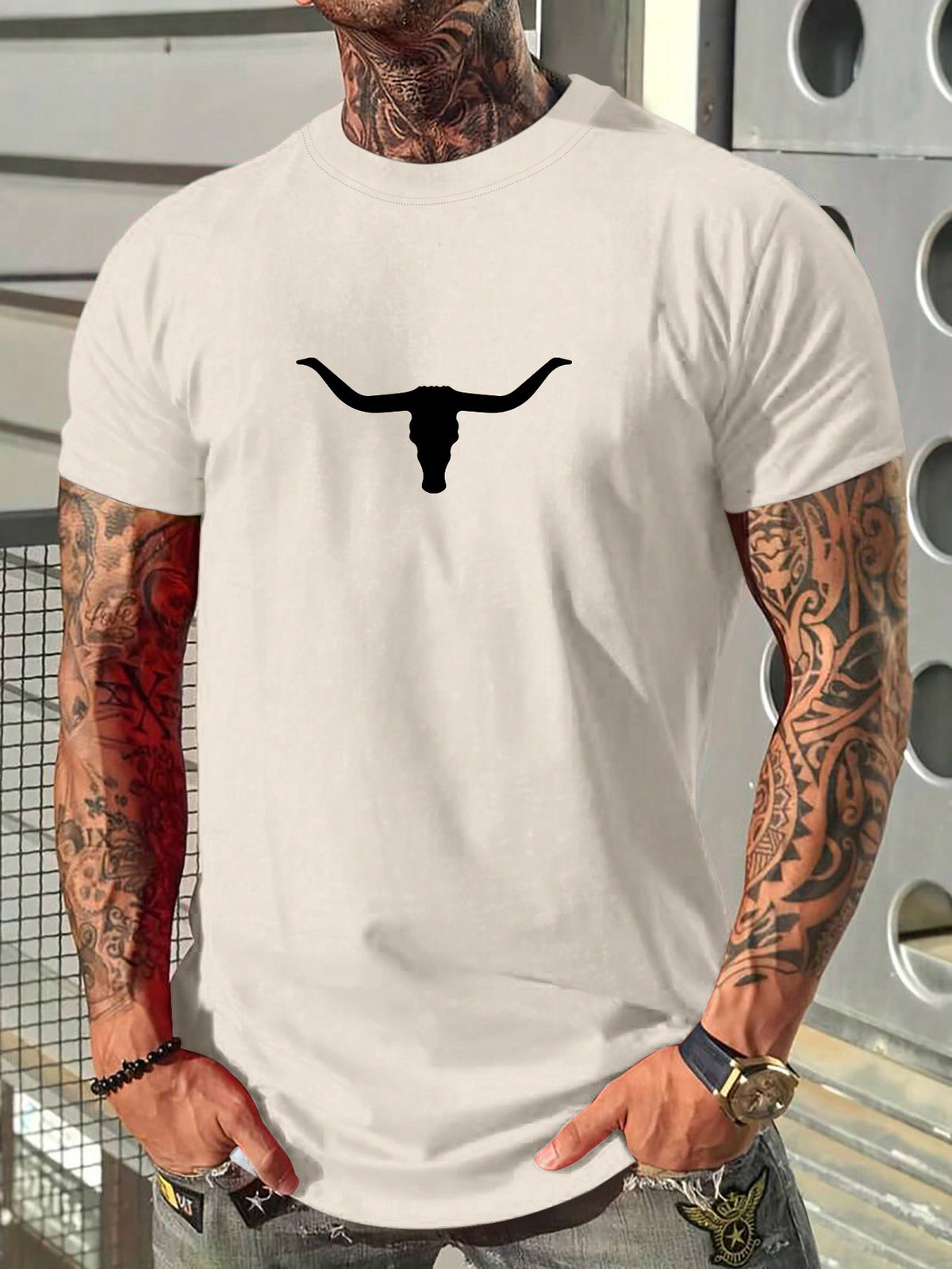 Manfinity Homme Men's Bull Head Printed Round Neck Short Sleeve T-Shirt For Summer