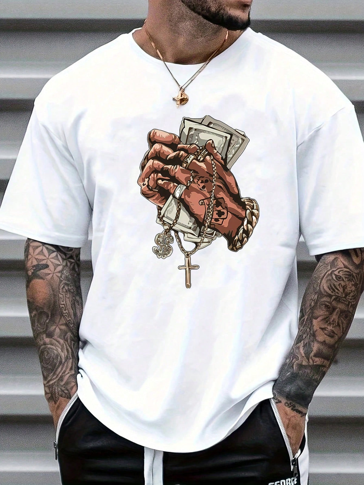 Men's Summer Casual Hand Gesture Cross Printed Short Sleeve T-Shirt