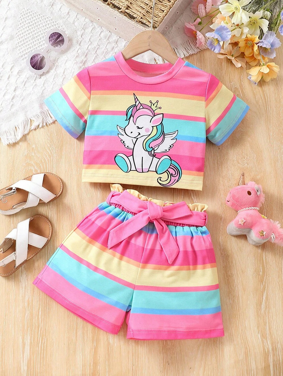 Young Girl's Unicorn Printed Rainbow Striped Short Sleeve T-Shirt And Shorts Set