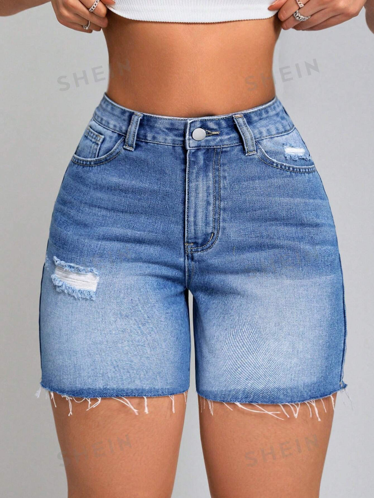 SHEIN PETITE Women's Ripped Denim Shorts