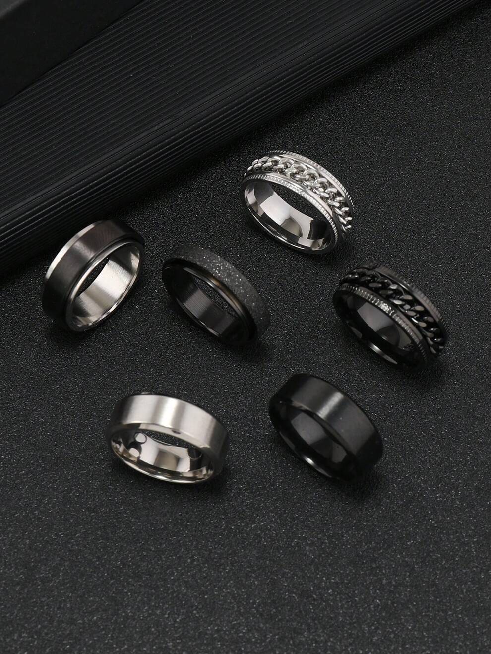 Set of 6 Stainless Steel Rings for Men and Women, Vintage Wide Black Rings, Engagement Friendship Ring, Rings with Chain Men's Black Stainless Steel Silver Rotating Ring