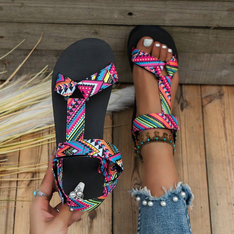 Plus Size Women's Thick-Soled Sandals With Magic Stick & Color-Blocking Design For Summer