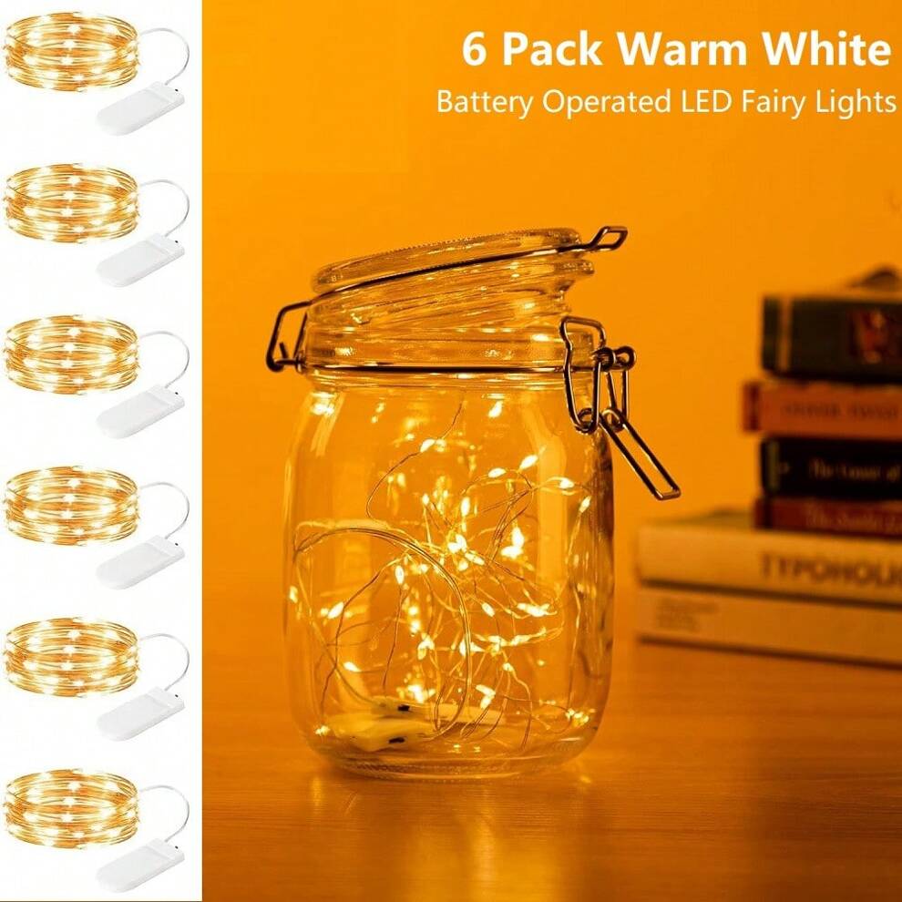 6 Pc Fairy Lights Battery Operated String Lights - 6.56ft 20 LED Mini String Lights Wire Firefly Lights For Vases Mason Jars DIY Crafts Plants Table Centerpieces Wedding(Warm White)