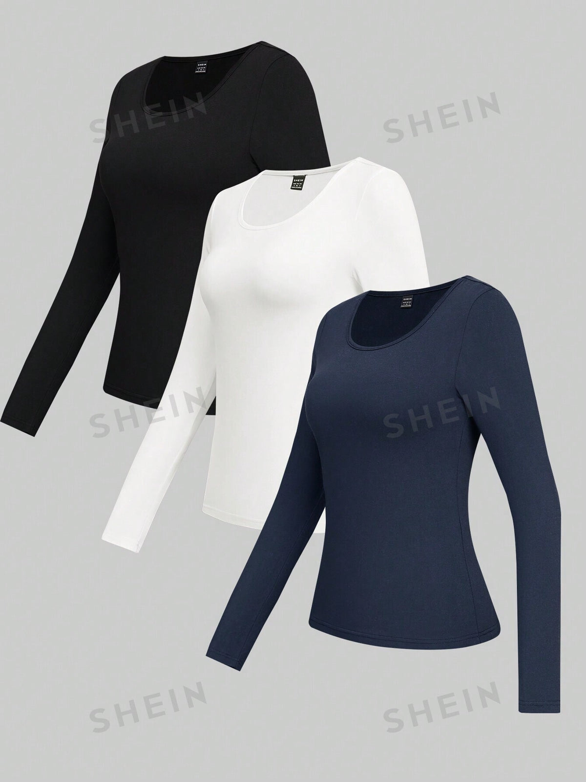 SHEIN Essnce 3pcs Pack Basic Round Neck Long Sleeve Knit T-Shirts