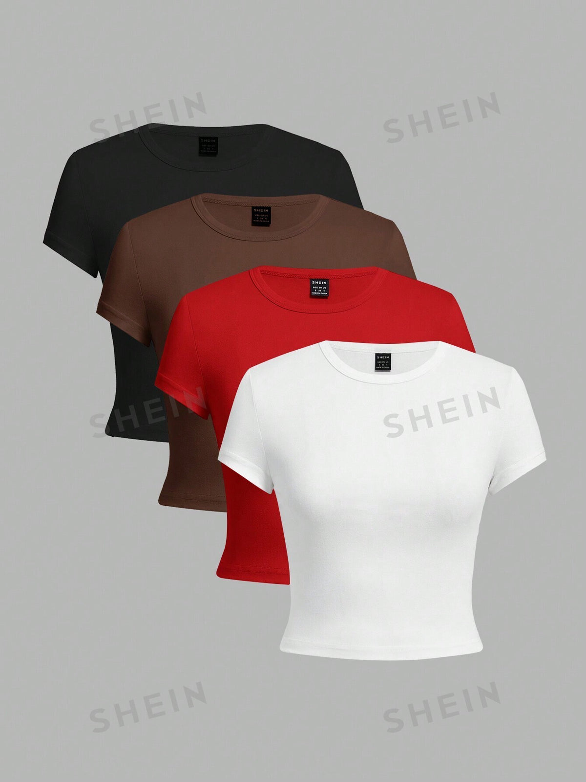 SHEIN EZwear 4pcs Set Of Simple Pattern Round Neck Short Sleeve Women's Cropped Tight T-Shirt, Casual