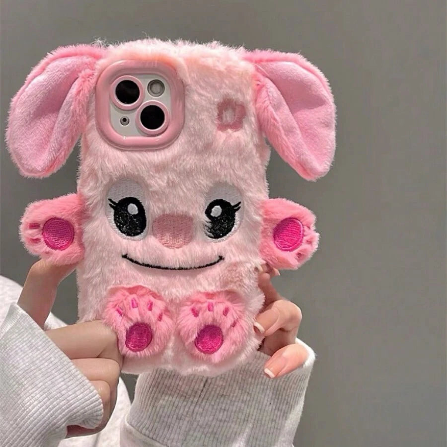 Cartoon Cute Pink Big Ear Pattern Plush Phone Case Compatible With Apple 14ProMax, 13, 12, 11, 15pro And Other Models, Couple Version, Fall & Winter Style