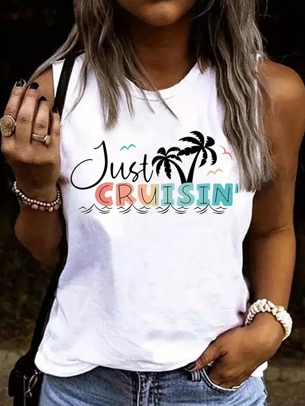 SHEIN Essnce Women Summer Casual Tank Top With Letter Palm Tree Print And Round Neck