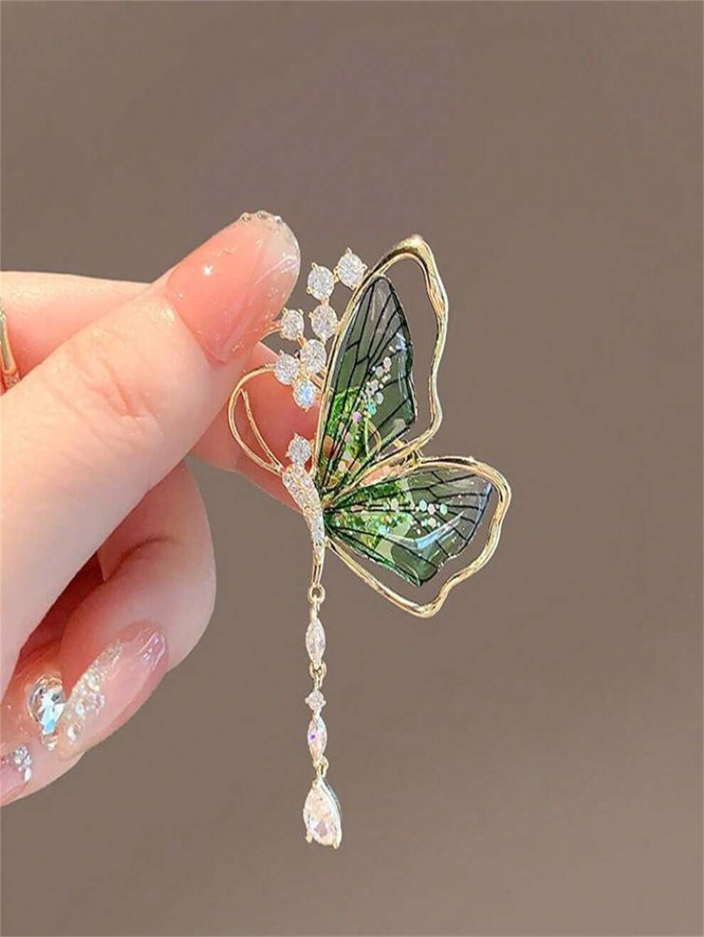 1pc Sweet Style Green Butterfly Tassel Brooch For Women