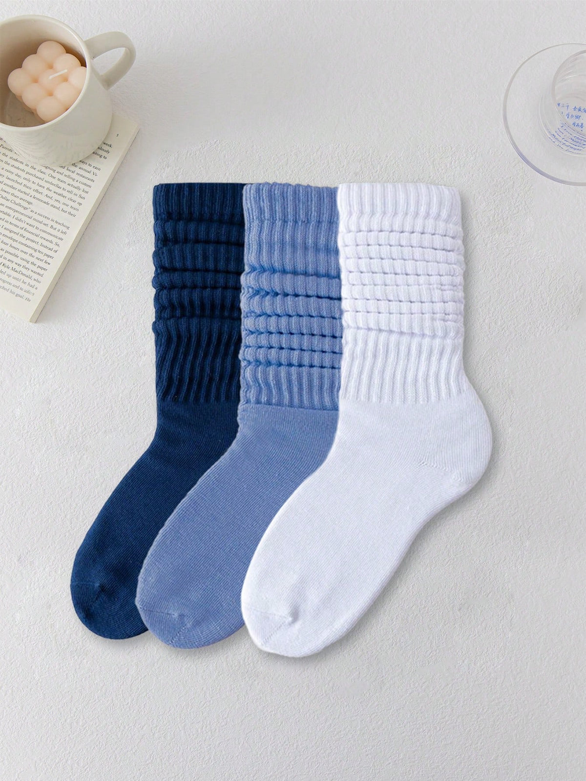 3pairs White Solid Color Basic Pile Heap Socks Mid-Length