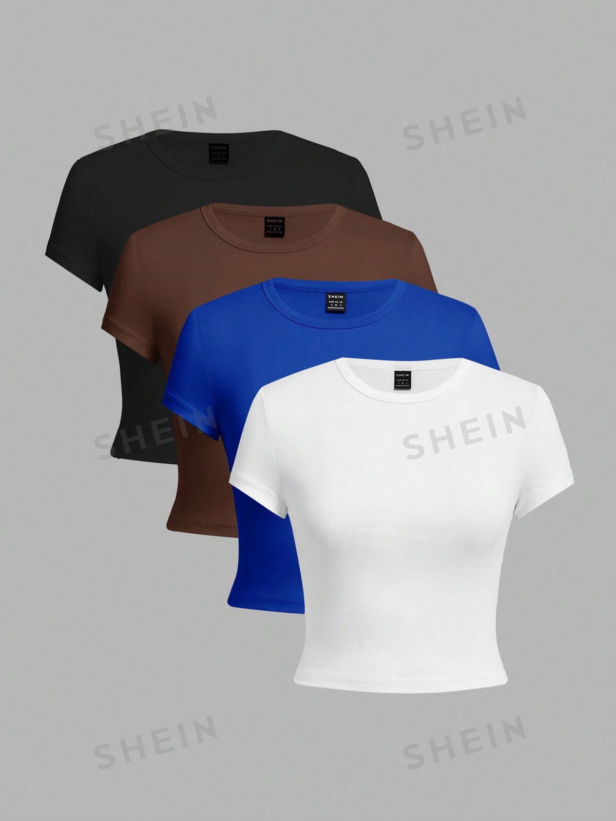 SHEIN EZwear 4pcs Set Of Simple Pattern Round Neck Short Sleeve Women's Cropped Tight T-Shirt, Casual