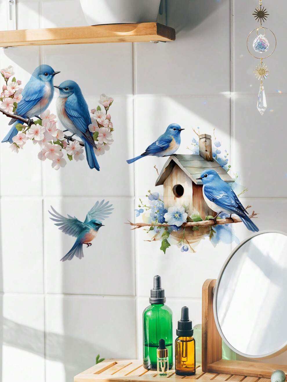 1pc Blue Bird Toilet Seat Sticker - Cute Floral Background Wall Decoration Sticker - Colorful Bathroom Toilet Sticker