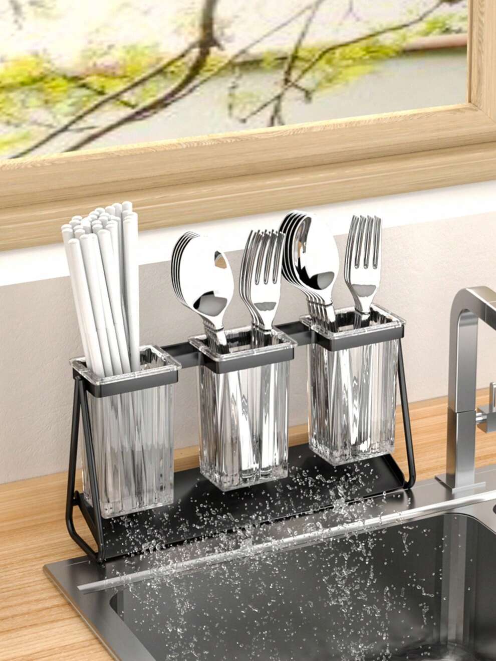 Kitchen Tabletop Chopstick Holder Multifunctional Knife, Fork, Soup Spoon, Chopstick Holder Cutlery Drainer Sink With Drainage Storage Rack