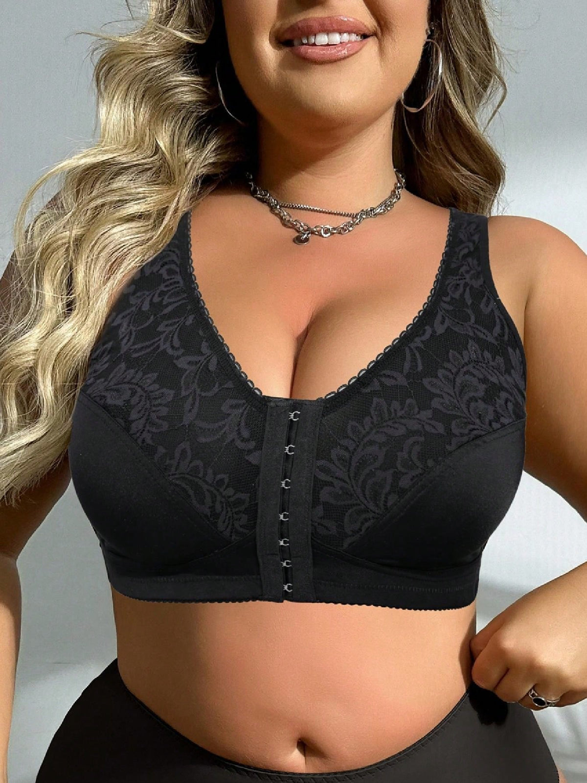 1pc Full Coverage Lace Patchwork Wire-Free Front Closure Bra For Plus Size Women, Comfortable For Daily Wear