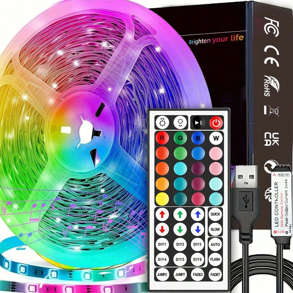 3ft-65ft RGB LED Strip Light, with 44key remote control, can adjust color and brightness, the length can be cut, very easy to install, suitable for home interior decoration, festival atmosphere light,