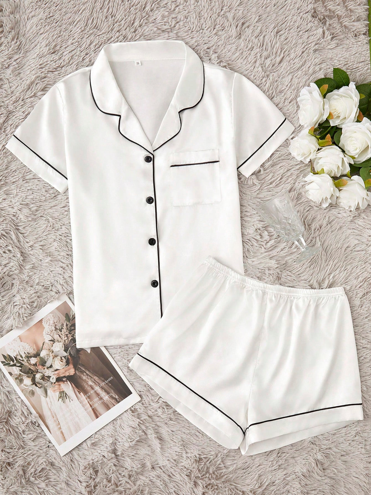 Contrast Binding Satin PJ Set / Pajama Set