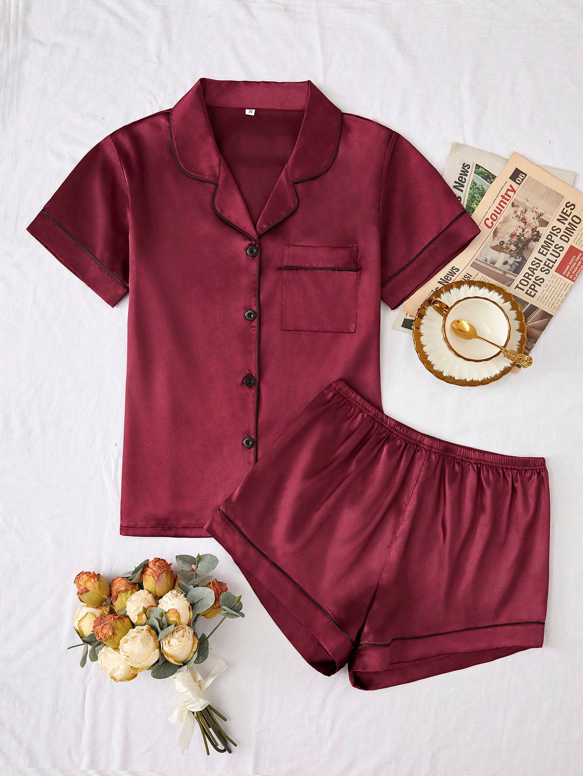 Contrast Binding Satin PJ Set / Pajama Set