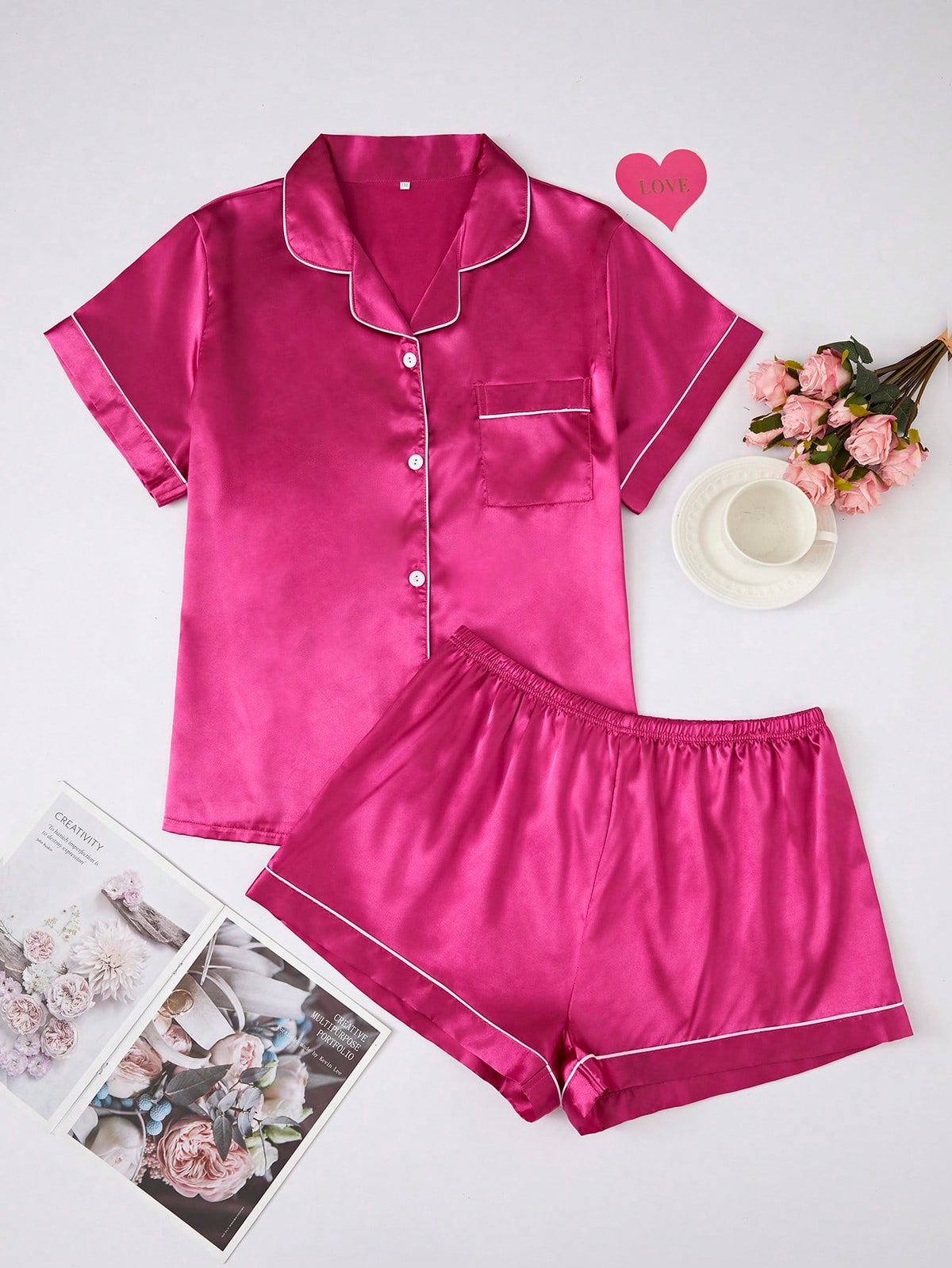 Solid Color Satin-Trimmed Plus-Size Pajama Set