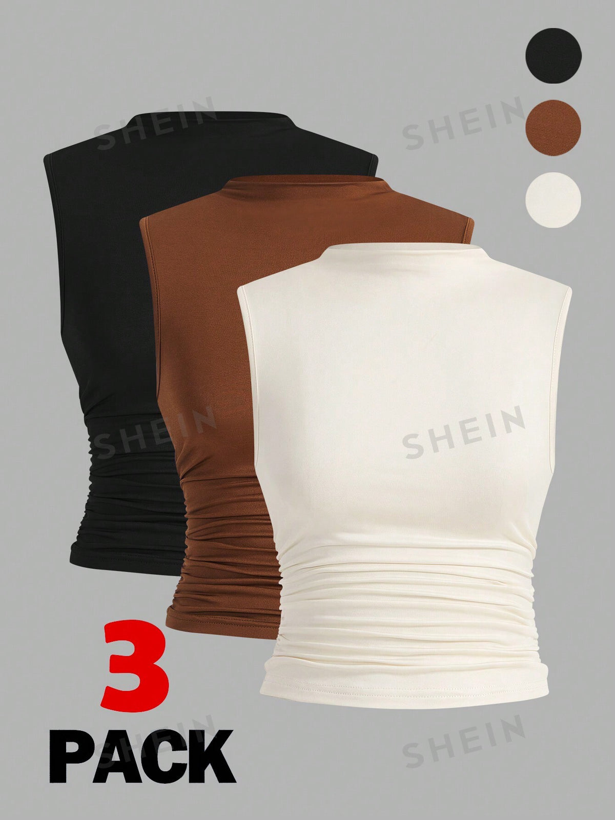 SHEIN Essnce Women's Summer Solid Color Ruched Tank Tops, 3pcs/Pack