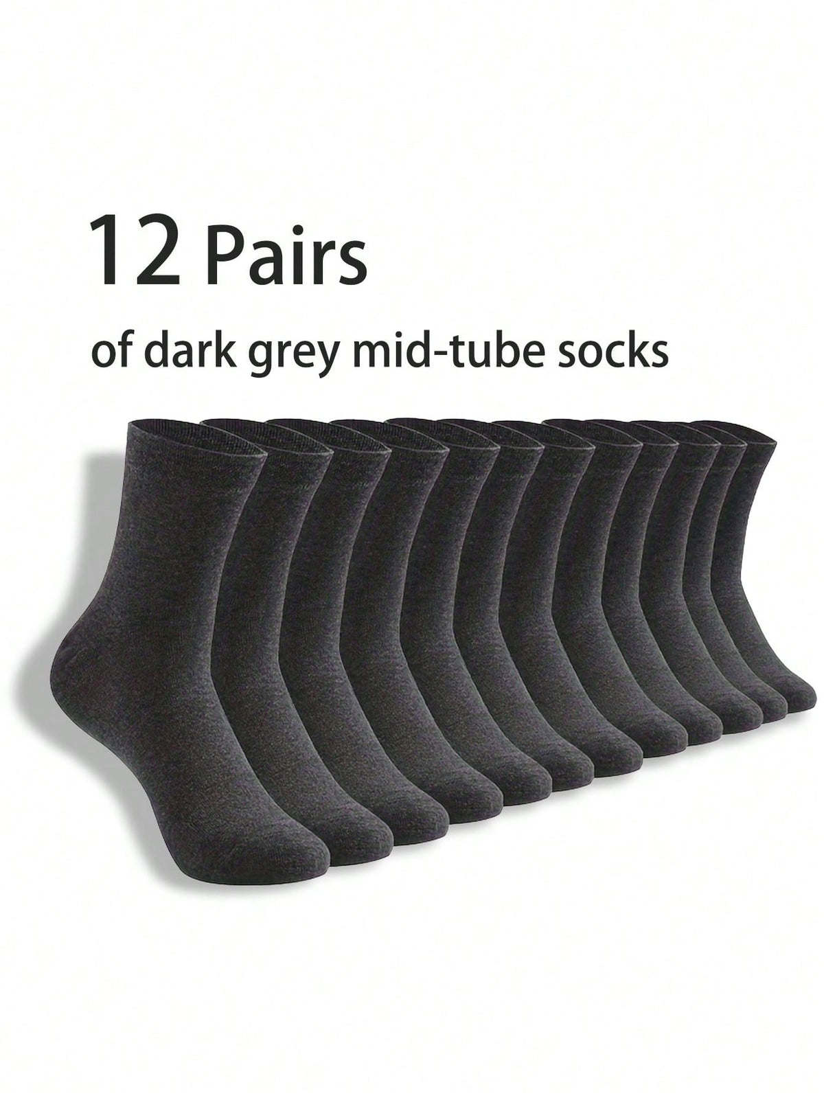 12pairs Men's Solid Dark Grey Simple Comfortable Casual Crew Socks, Versatile For All Seasons