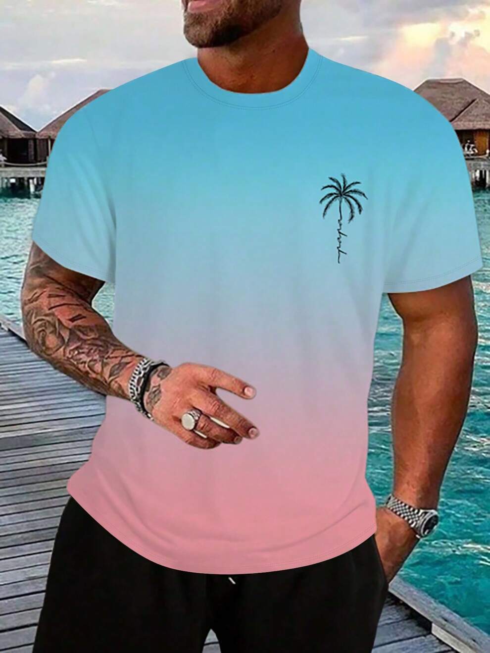 SHEIN X Hangout Fest Manfinity RSRT Men's Short Sleeve T-Shirt With Palm Tree Print