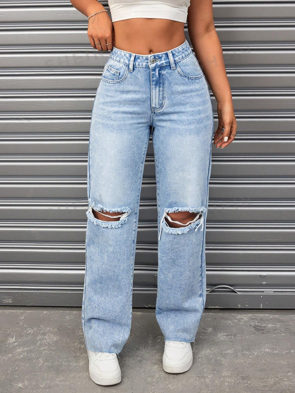 SHEIN ICON Mid-Waist Distressed Straight Leg Jeans With Washed Design