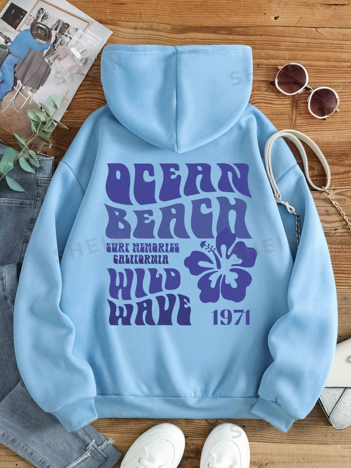 SHEIN EZwear Floral & Slogan Graphic Drawstring Thermal Lined Hoodie OCEAN BEACH SURF MEMORIES CALIFORNIA WILD WAVE 1971