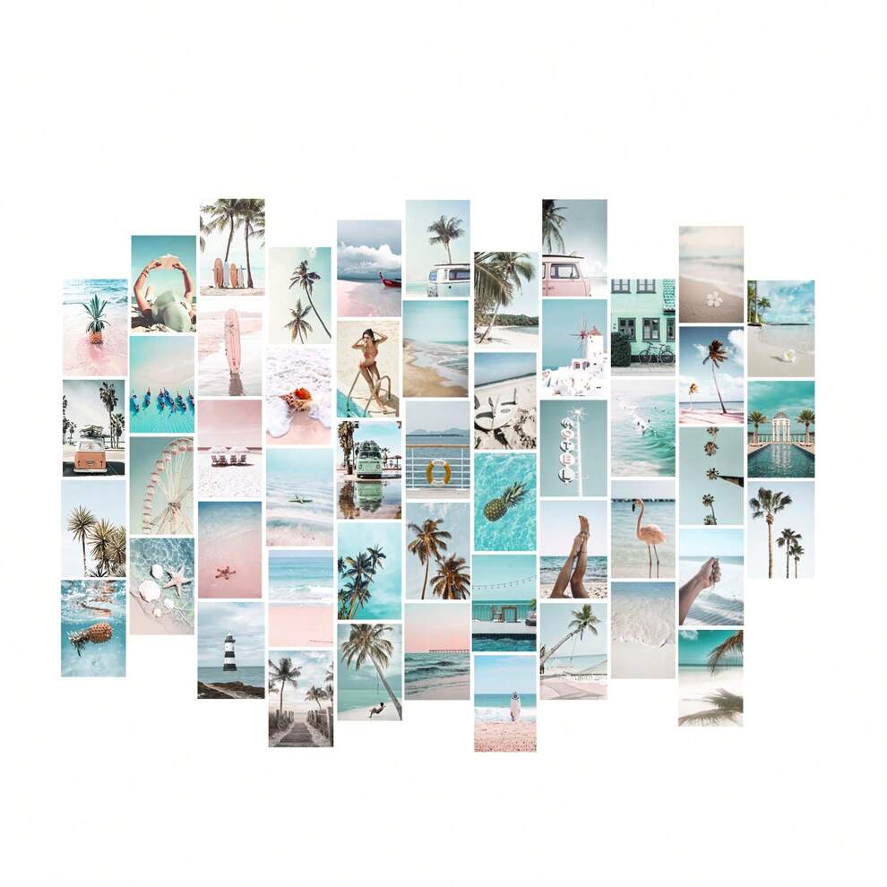 Ocean Beach Themed Wall Decoration Set Aesthetic Poster, Wall Decoration Set, Pink Room Wall Decoration, Fashionable Youth Blue Collage Set, 50 Pieces, Bedroom And Dormitory Decoration, Youth Girl Roo