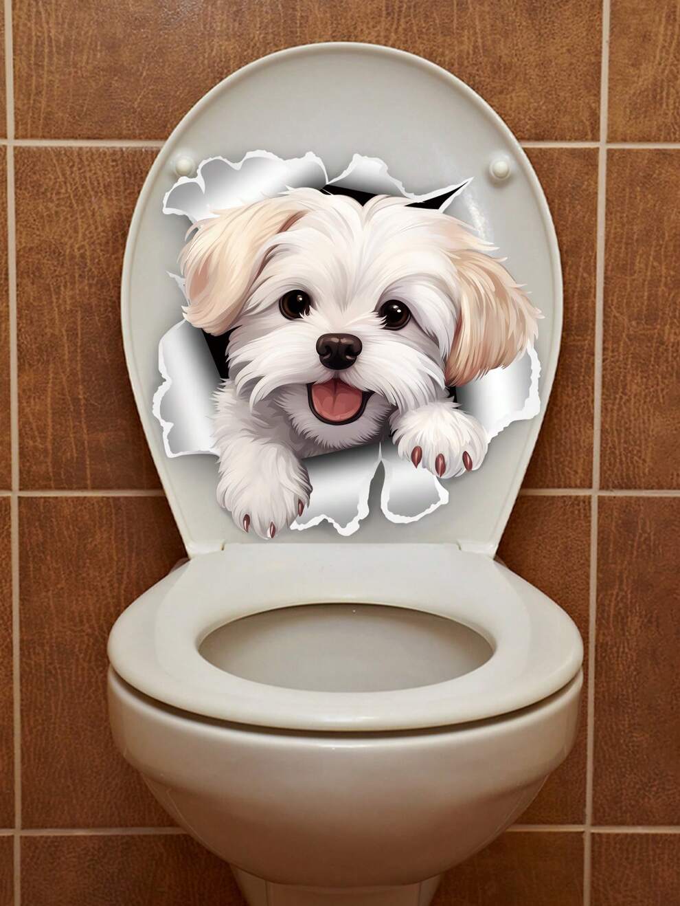 1 Sheet/Set PVC Material Self-Adhesive Wallpaper Toilet Sticker, White 3D Cracked Wall Little Dog Pattern Bathroom Decorative Wall Sticker