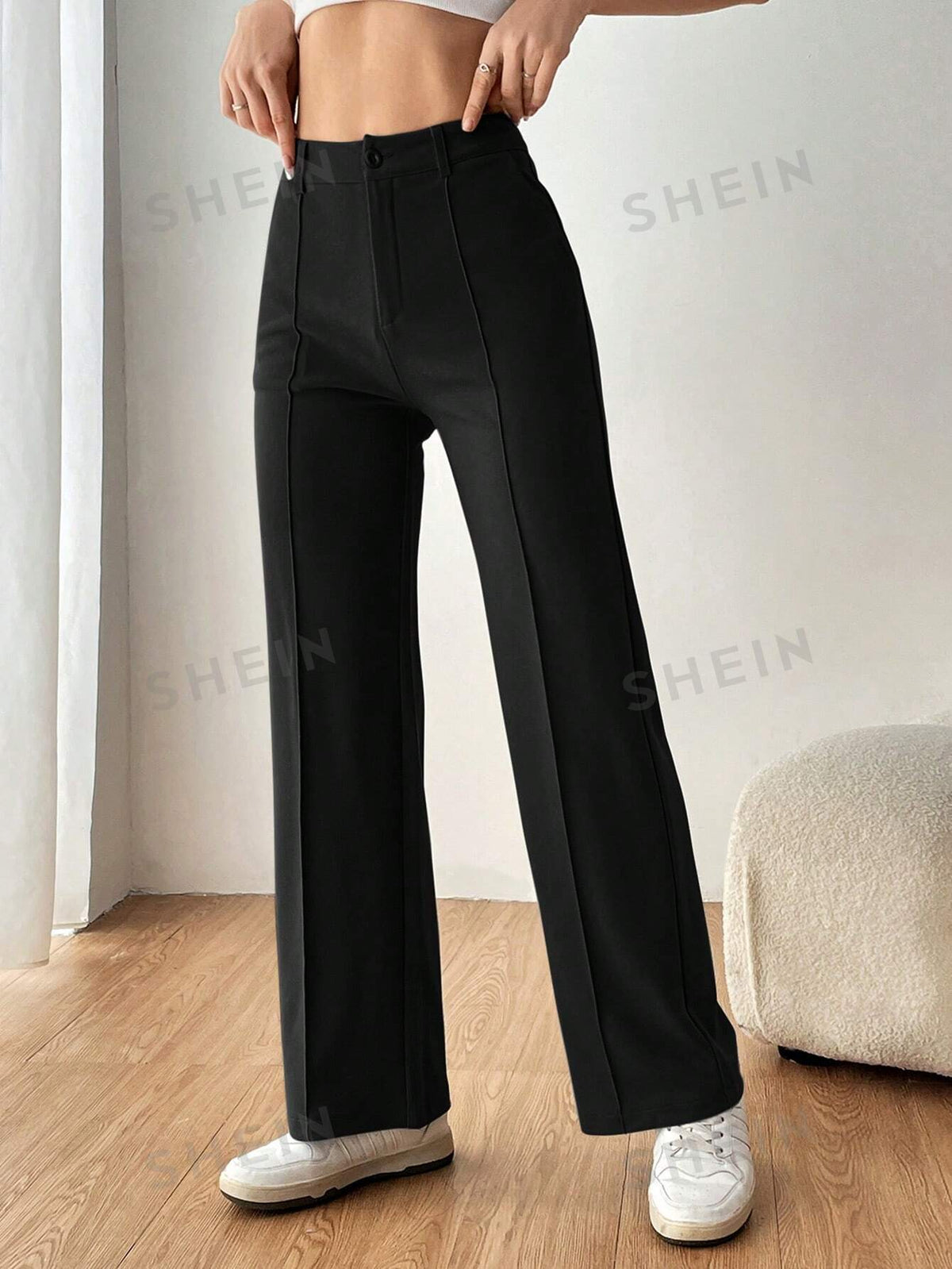 SHEIN EZwear Women's Solid Color Simple Daily Suit Pants With Belt