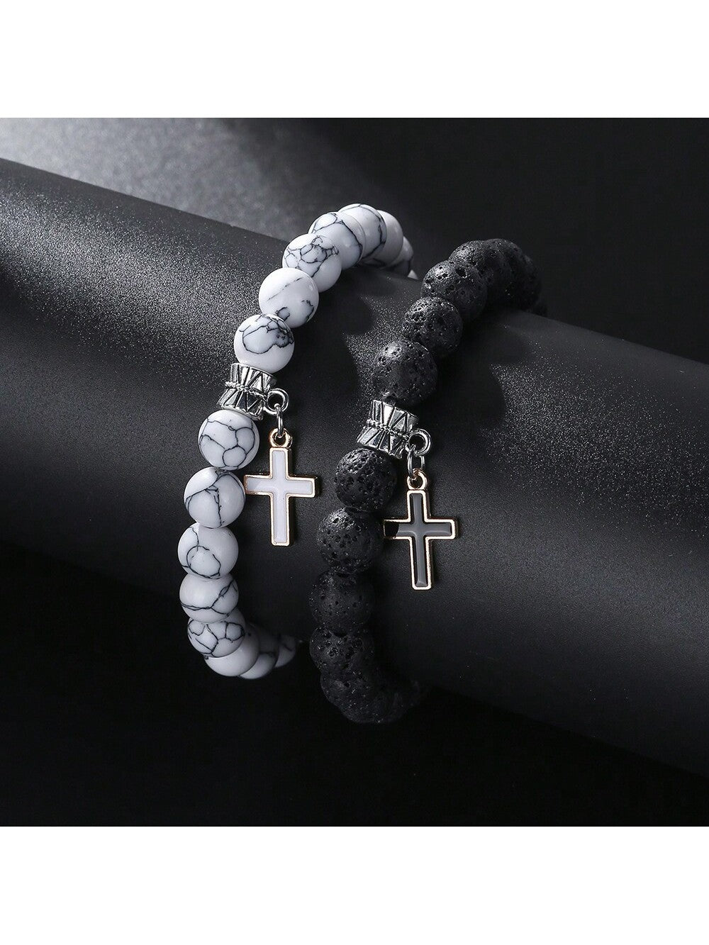 1 Set 2pcs Street Style Design White Turquoise & Lava Stone Beaded Astronaut & Hollow Cross Drop Oil Contrast Color Bracelet Kit For Couples And Festival Gift