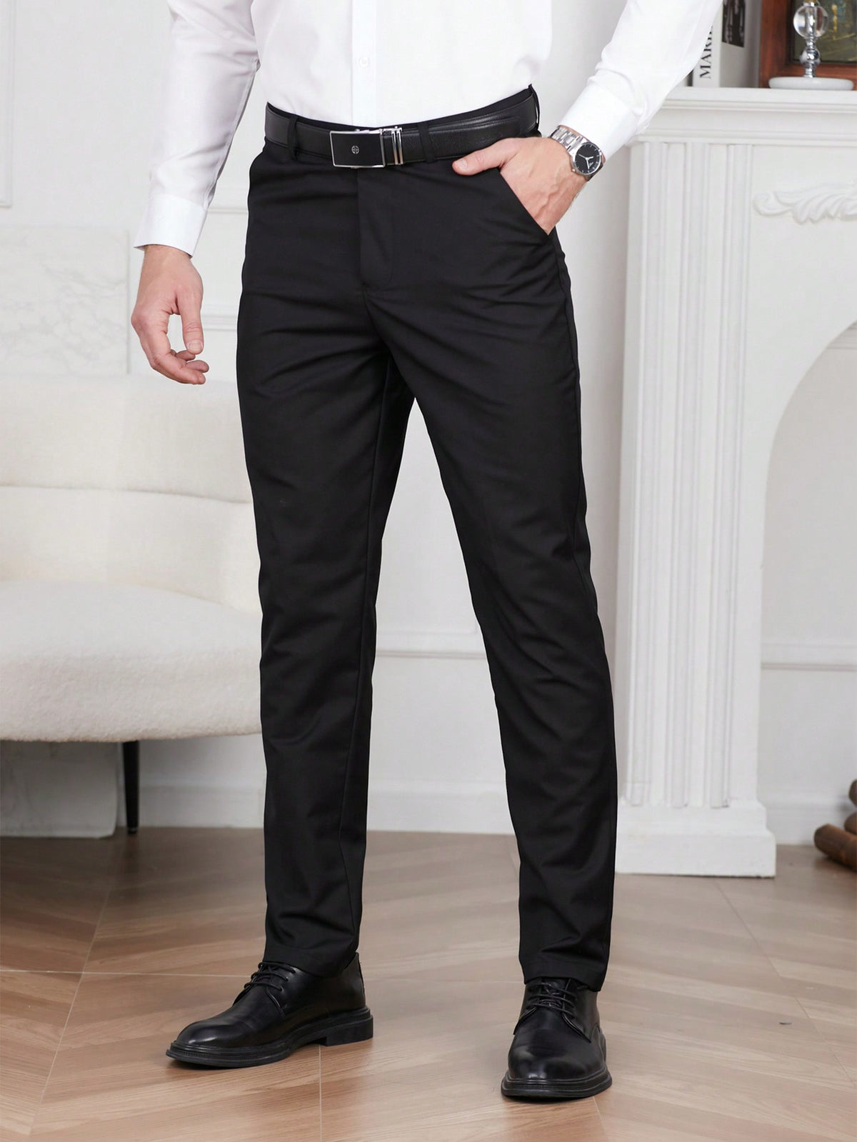 Manfinity Mode Men's Business Style Solid Color Suit Trousers (Irregular Cut)