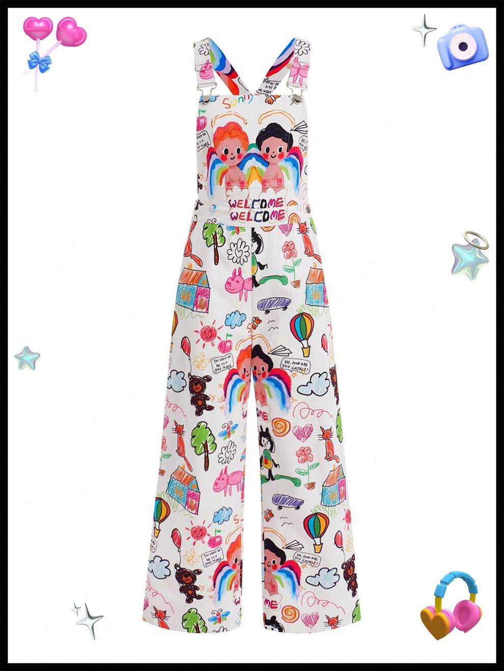 SHEINNeu Kidcore Dopamine Rainbow Graffiti Pattern Jumpsuits Summer Outfits Summer Clothes