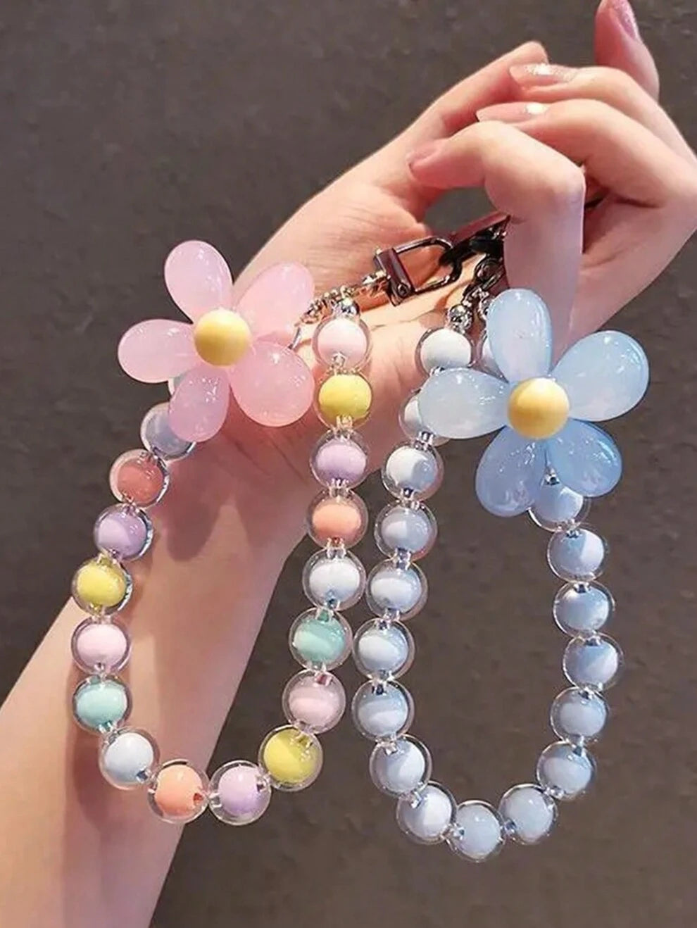 Handmade Flower Macaron Colorful Beaded Wrist Rope Phone Lanyard