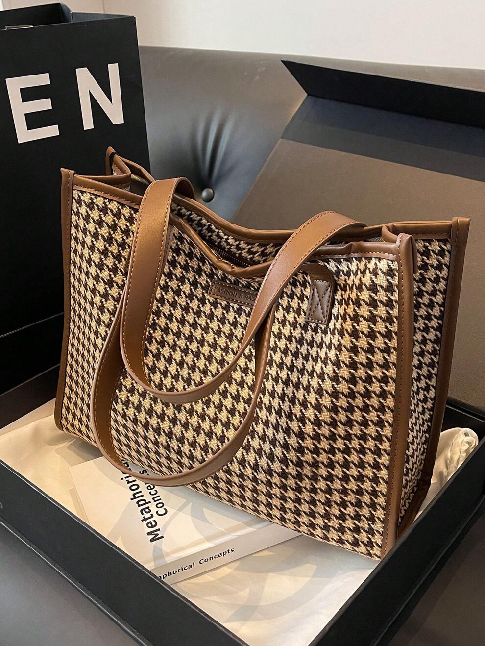 Houndstooth Pattern Large Tote Bag For Women, Stylish & Simple Design, Versatile For Commuting And Going Out, Shoulder Bag