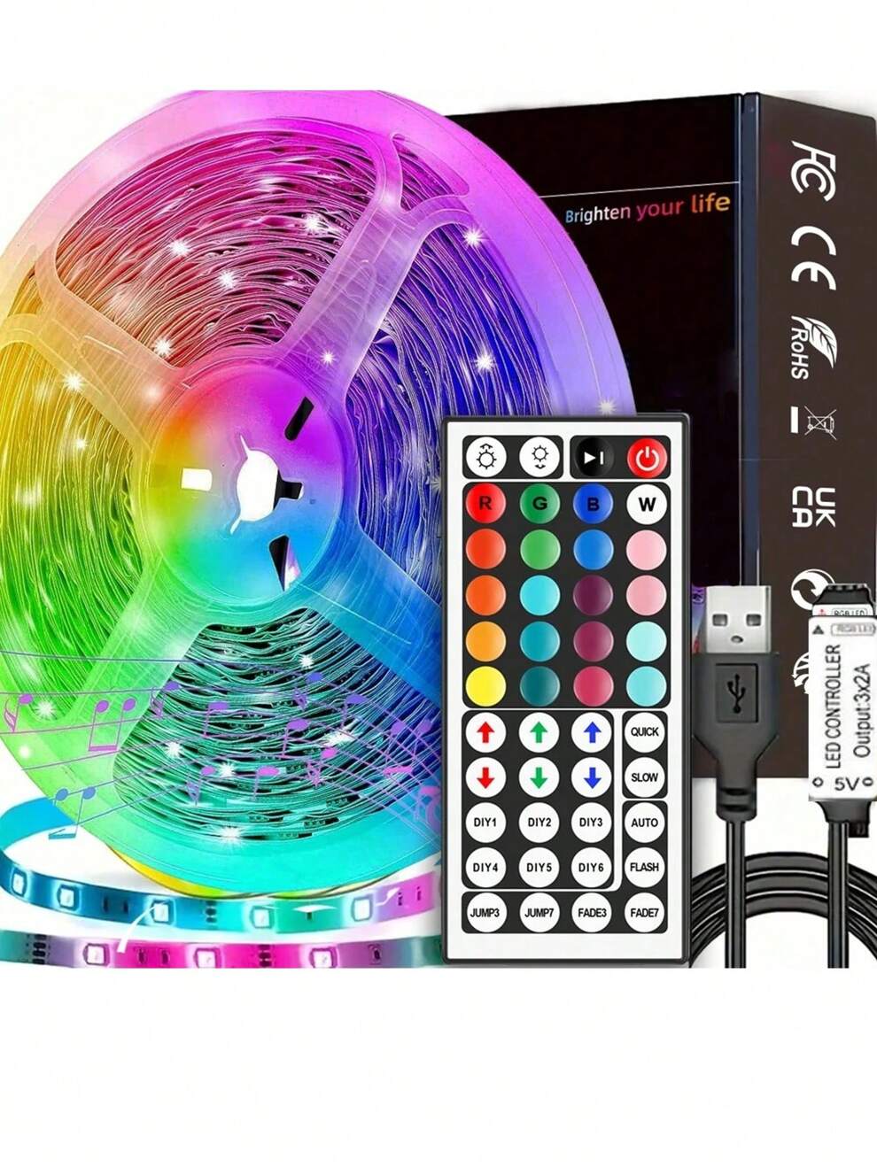 3ft-65ft RGB LED Strip Light, With 44key Remote Control, Can Adjust Color And Brightness, The Length Can Be Cut, Very Easy To Install, Suitable For Home Interior Decoration, Festival Atmosphere Light,