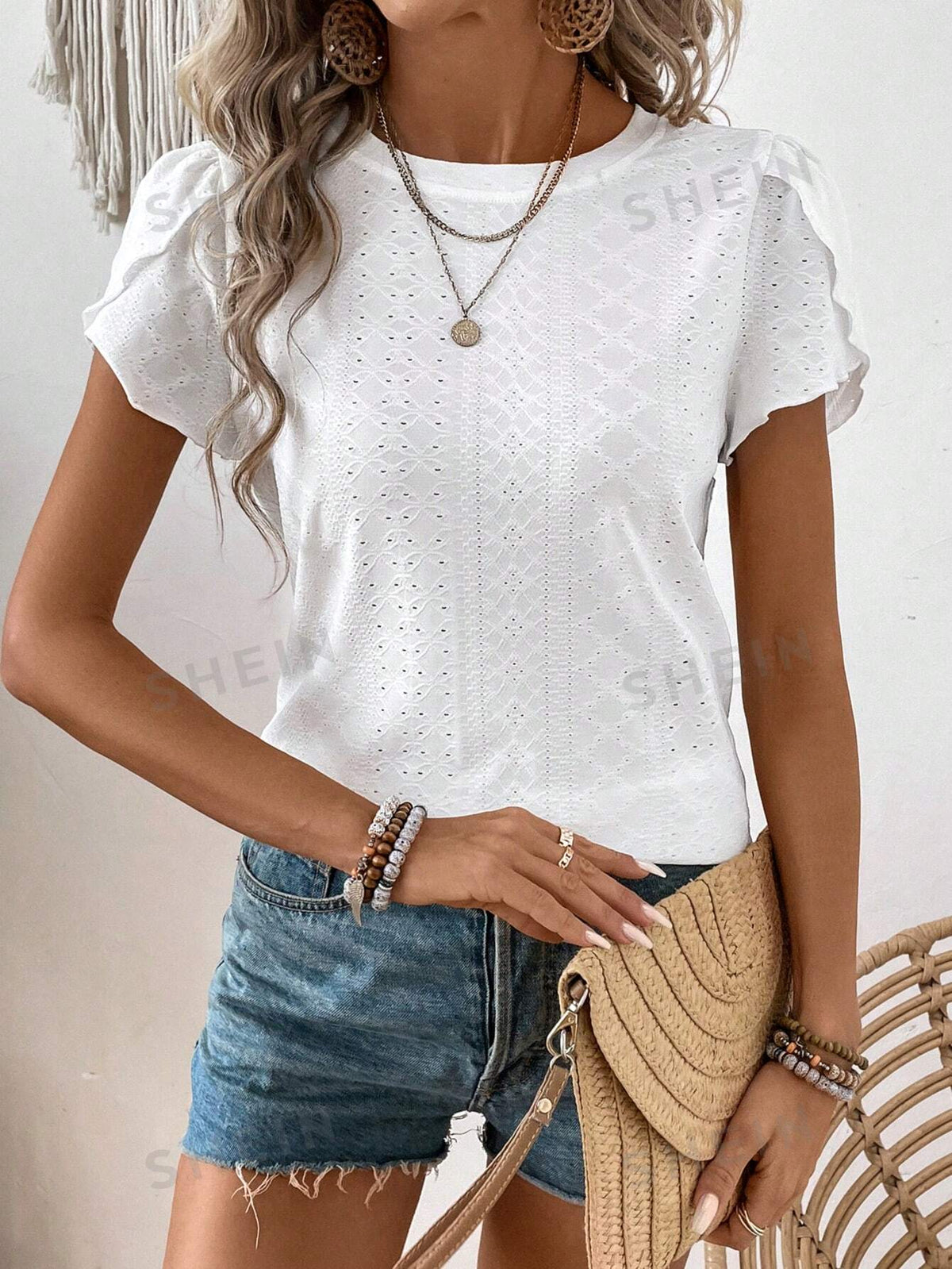 SHEIN LUNE Casual Hollow Out Embroidery Round Neck Short Sleeve T-Shirt