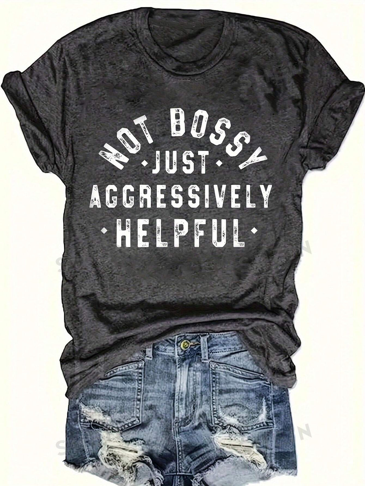 SHEIN LUNE Women's Printed Short Sleeve T-Shirt With Slogan NOT BOSSY  JUST  AGGRESSIVELY  HELPFUL