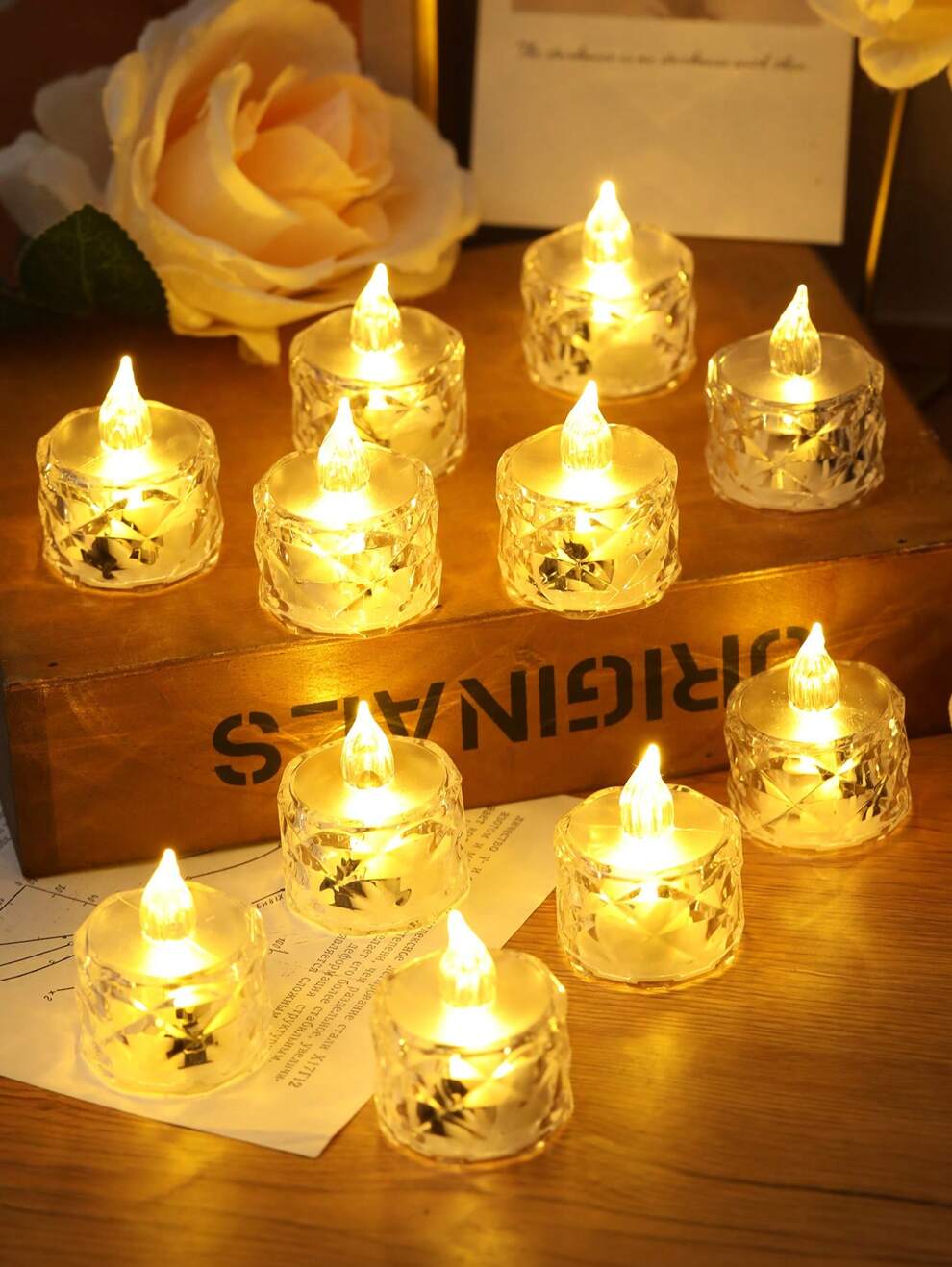 2/3/5/24pcs LED Crystal Diamond Shape Electronic Candle Lights With Battery, Mini Rose Pattern Refraction Halo Projection Tea Light, Battery Powered Led Flameless Candle Lamp Light, Suitable For Decor