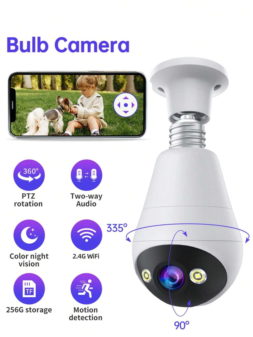 1pc 3MP Wireless Security WIFI Light Bulb Camera, HD 2K Mini 360° PTZ Panoramic Smart Home IP Camera, E27 Indoor Outdoors, 2.4G Dome Surveillance,Baby Pet Monitor,Two Way Audio,Waterproof Motion Detec