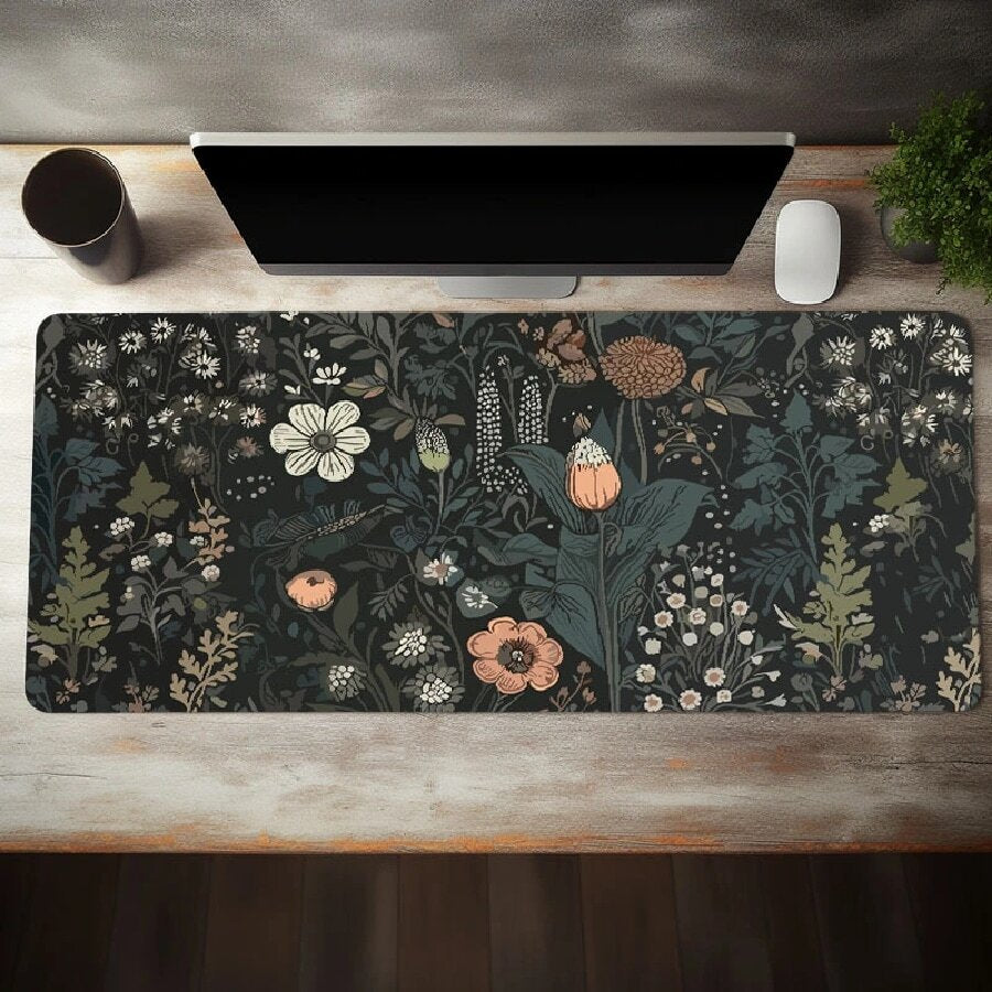 Boho Flowers Large Mouse Pads Black Office Desk Mat With Non-Slip Rubber Base,Stitched Edge Mousepad For Work, Game, Home Gifts For Teen/Boyfriend/Girlfriend