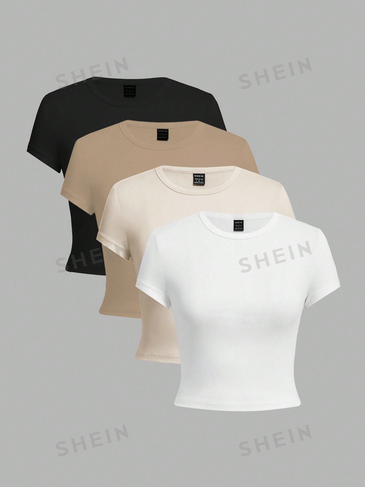 SHEIN EZwear 4pcs Set Of Simple Pattern Round Neck Short Sleeve Women's Cropped Tight T-Shirt, Casual