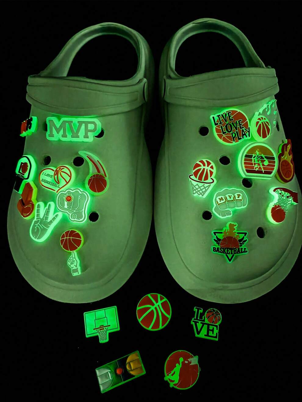 22 PCS Glow-In-The-Dark Basketball Series Themed Pattern Cute Shoe Charm Suitable For Crocodile Charm DIY Decorative , Pen Cases, Bags, Phone Case Accessories And Party Gifts