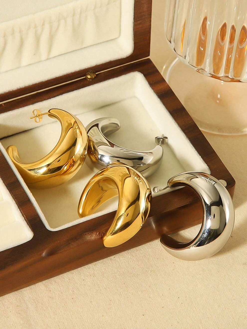 2pairs Trendy Stainless Steel Large Crescent Hollow Out Design Stud Earrings For Women, Personalized Accessories