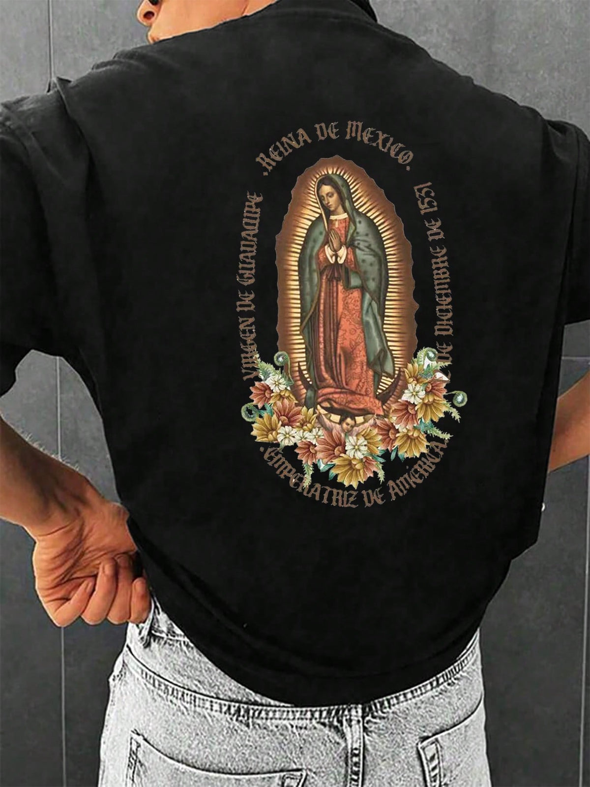 Men's Summer Casual Round Neck Short Sleeve T-Shirt With Virgin Mary Print Slogan