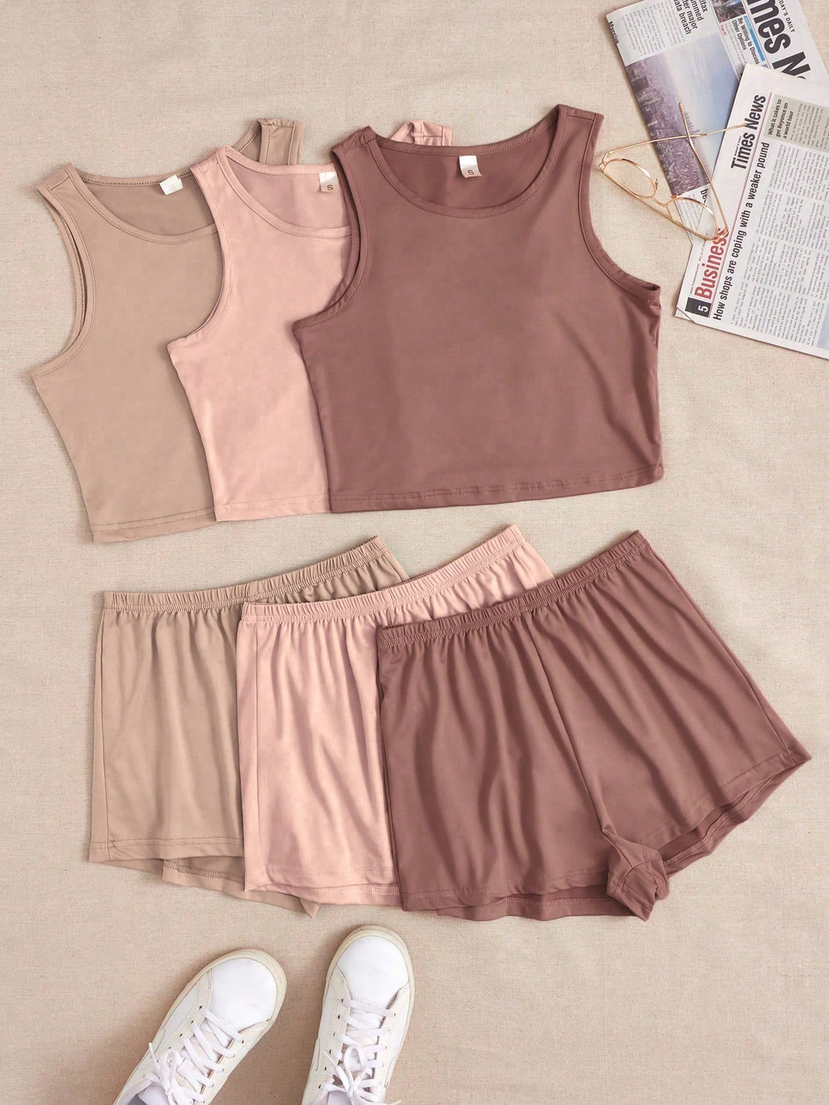 Solid Color Round-Neck Vest And Elastic Waist Shorts 3-Piece Summer Casual Set