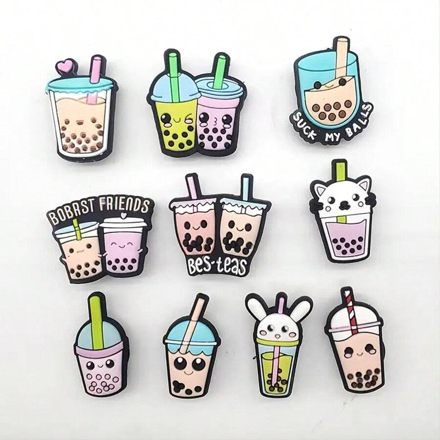 10pcs Cute Milk Tea Cartoon Shoe Charms For Clogs Bubble Slides Sandals, PVC Shoe Decorations Accessories For Christmas/Thanksgiving/Halloween/Birthday Gift Party Favors