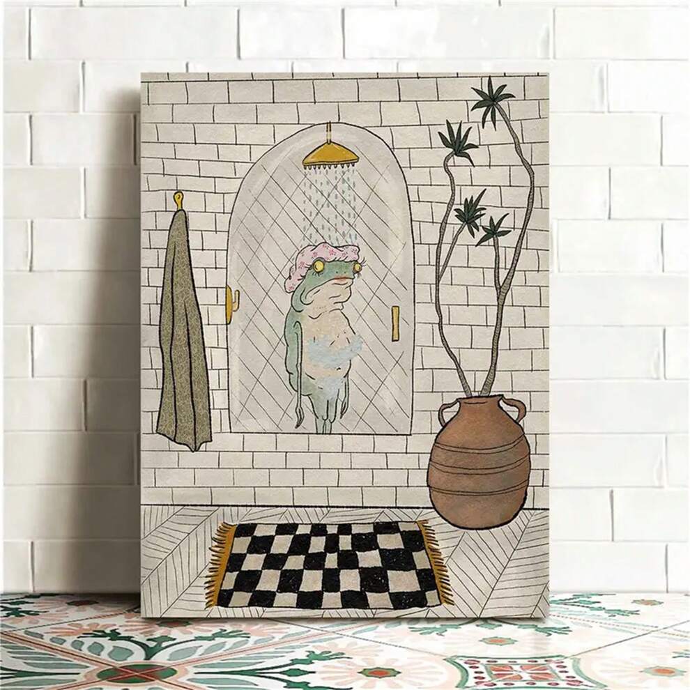 1pc Bathroom Canvas Poster, Retro Art, Bathing Frog Poster, Wall Art,Wall Decor, Ideal Gift For Bedroom Living Room Kitchen Corridor, Wall Art, Wall Decoration, Fall Decor, Room Decoration, No Frame