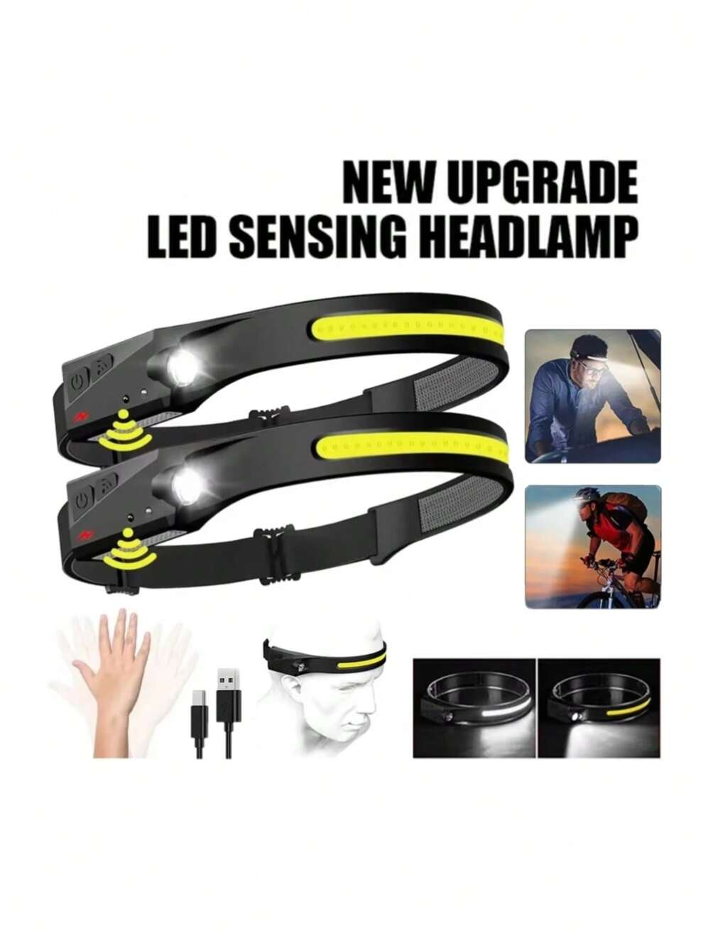 1pc Cob Strong Light Headlamp With Hand-Wave Sensor, Usb Rechargeable, Long-Lasting Power, Waterproof, Ideal For Night Outdoor Activities Like Cycling, Running, Fishing, Camping, Etc.