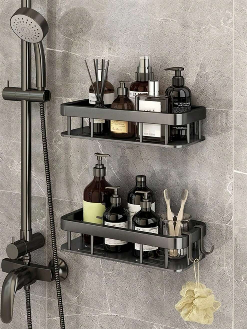 1pc Punch Free Bathroom Storage Rack With Towel Bar